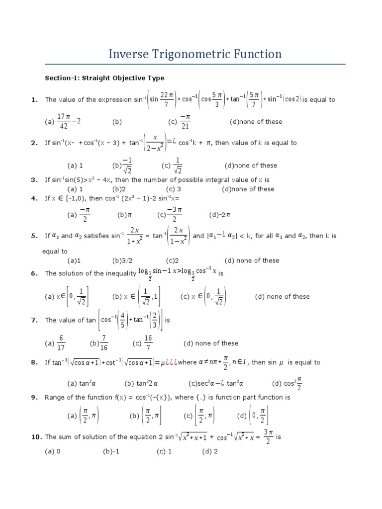 Inverse Trigonometric Functions Overview | PDF | Trigonometric ...