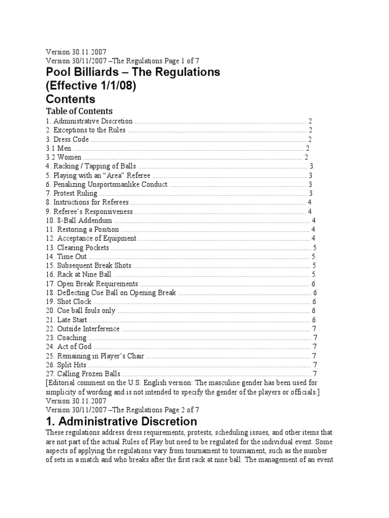 Pool Billiards The Regulations (Effective 1/1/08) PDF Sports