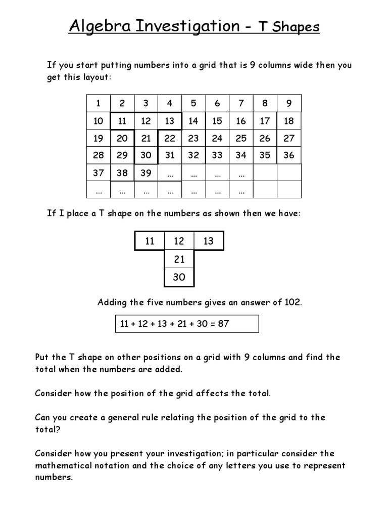 T Shape Algebra Investigation for Kids | PDF | Teaching Methods & Materials