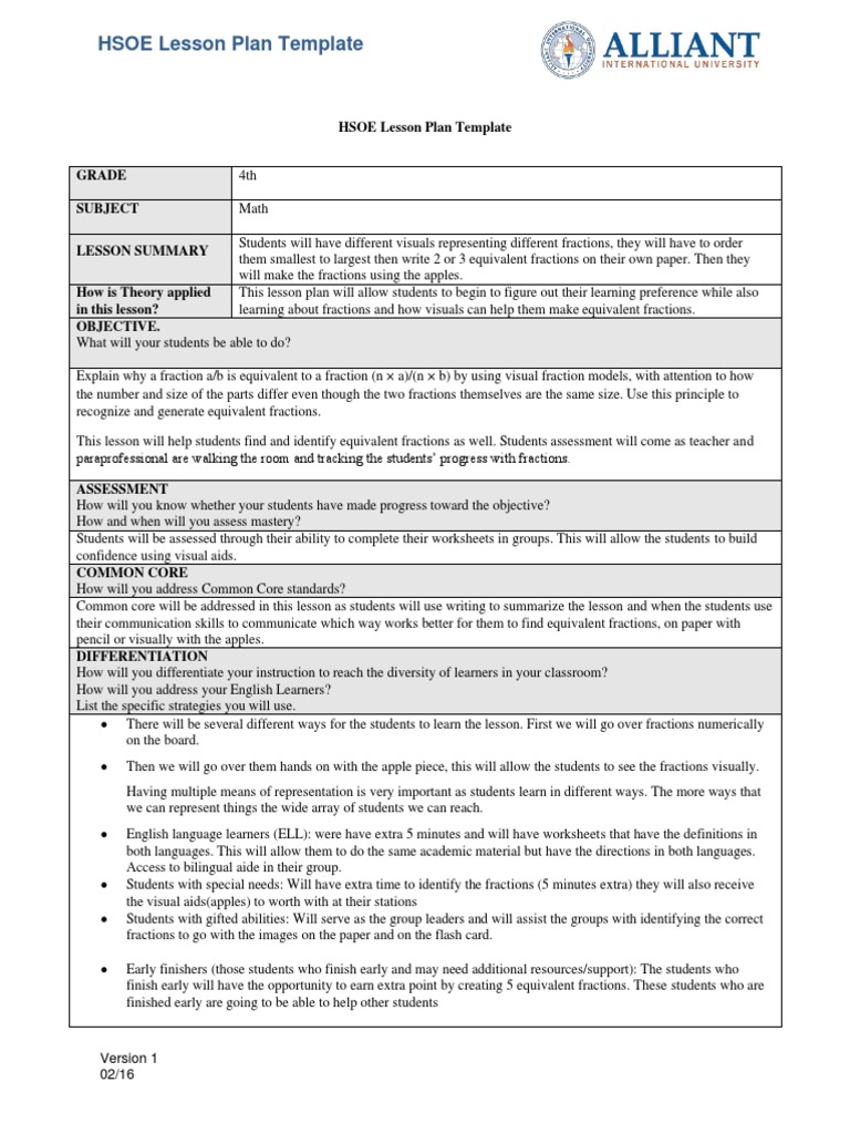 4th Grade Math Lesson Plan: Fractions | PDF | Lesson Plan | Psychology