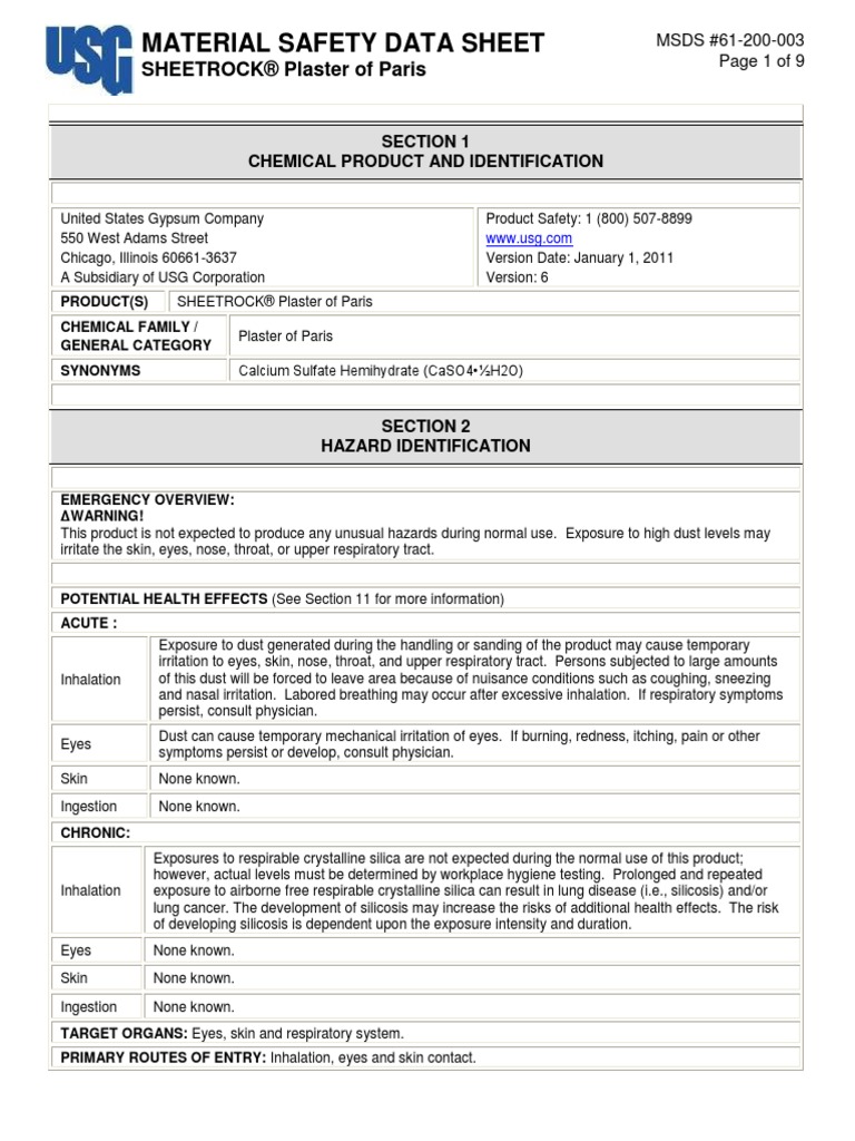 Plaster of Paris PDF PDF Carcinogen Dangerous Goods