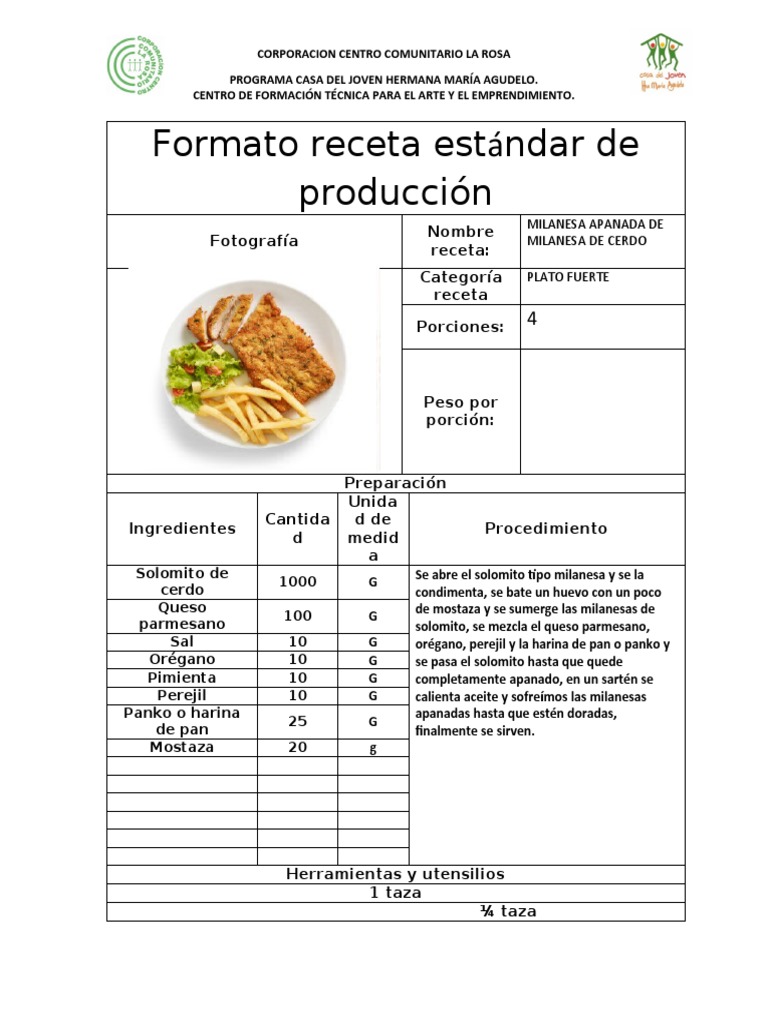 Formato Receta Estándar de Produccion 1 | PDF | Cocinando | Cocina asiática