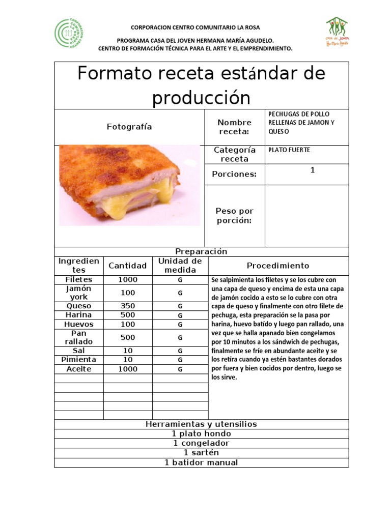 Formato Receta Estándar de Produccion NATHALIA CASTILLO 2 | PDF | Panes |  Cocina europea