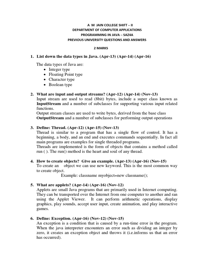 A M Jain College Shift - Ii Department of Computer Applications Programming  in Java - Saz4A Previous University Questions and Answers 2 Marks | PDF |  Class (Computer Programming) | Method (Computer Programming)
