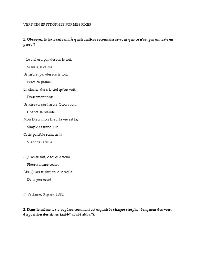 Vers Rimes Strophes Formes Fixes Pdf Sonnets Rime Dans La Poesie