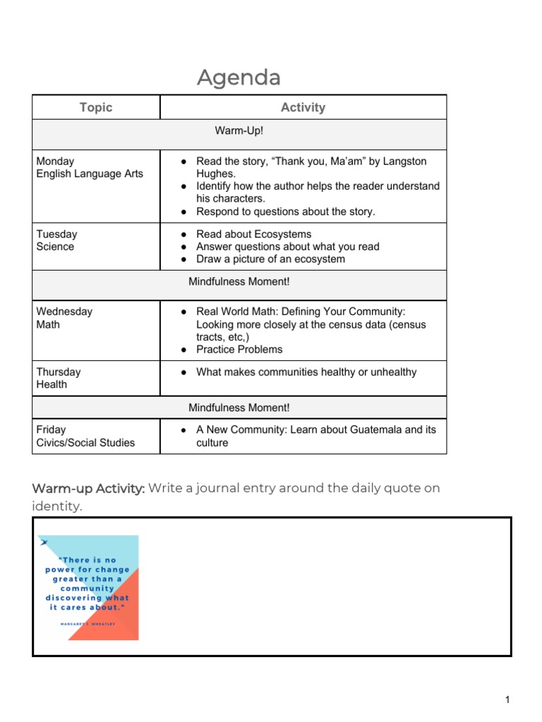 Agenda Topic Activity Ecosystem Nature