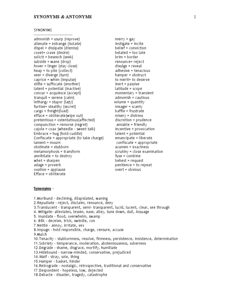 Synonyms and Antonyms Guide | PDF | Language Arts & Discipline