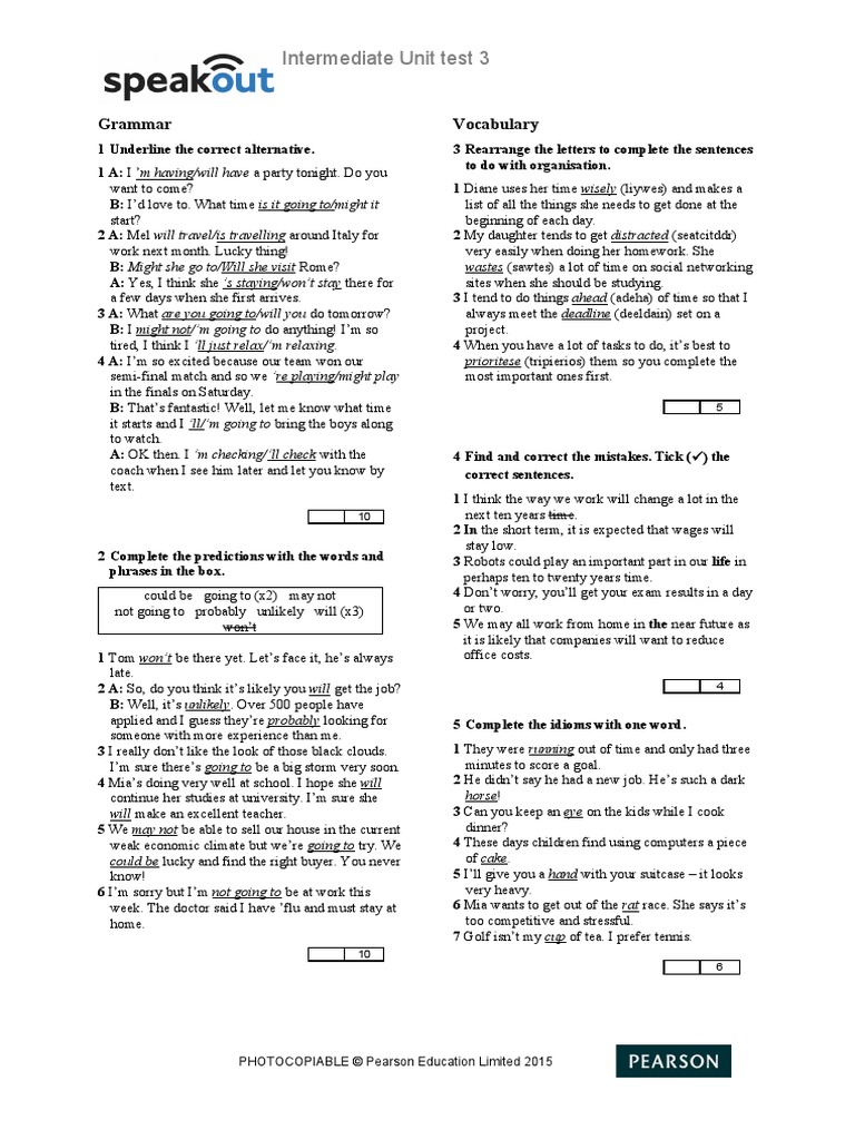 Intermediate Unit Test 3: Grammar Vocabulary | PDF