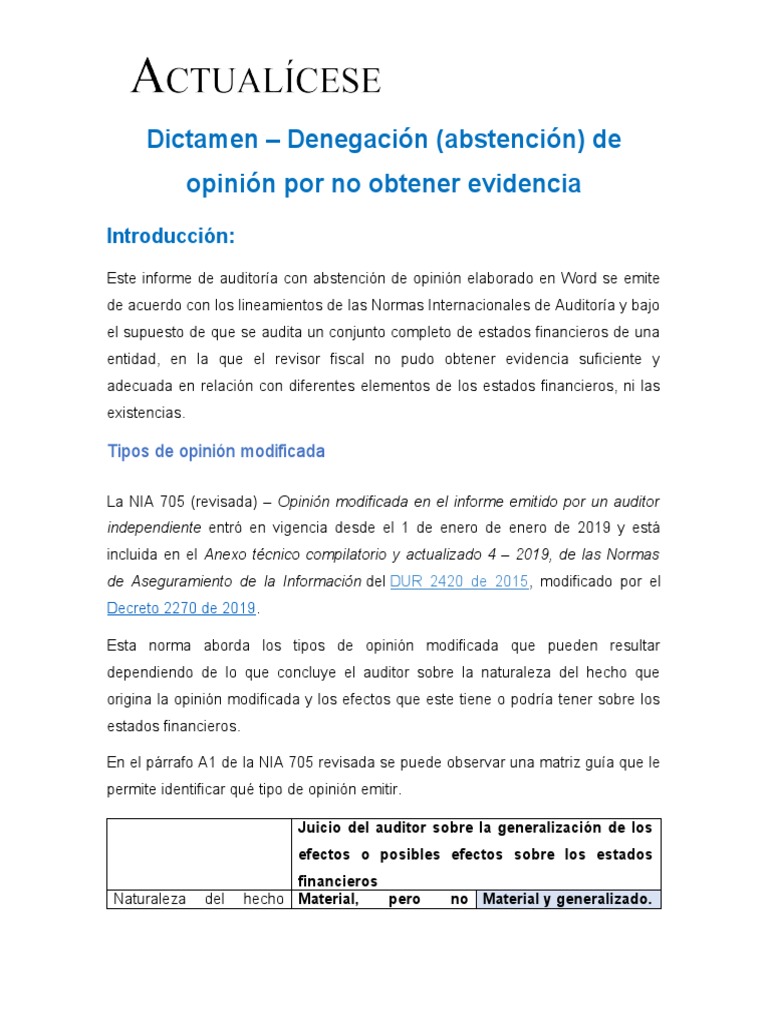 Dictamen De Revisor Fiscal Con Abstencion De Opinion Pdf Contralor