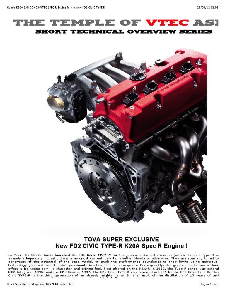 Honda K20A 2.0l DOHC i-VTEC SPEC R Engine For The New FD2 CIVIC
