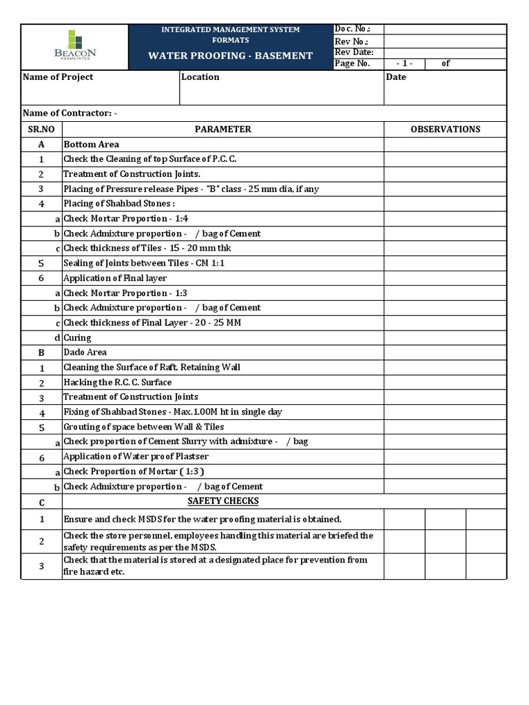 Checklist For Waterproofing Basement PDF Basement Concrete