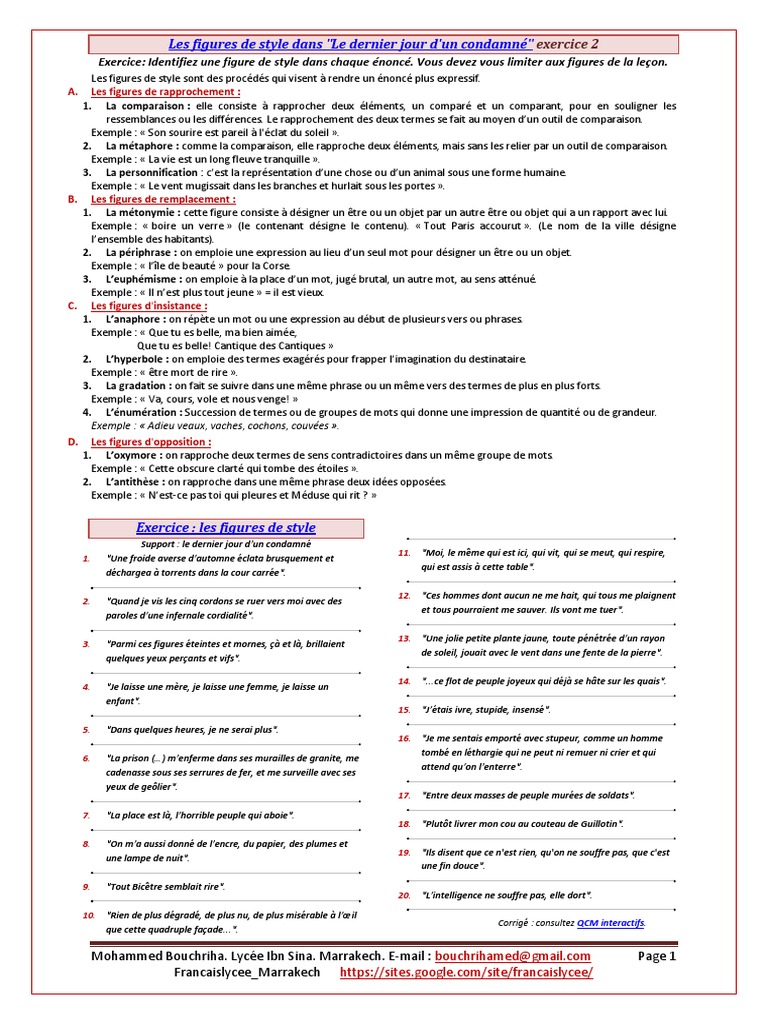 Exercice Sur Les Figures De Style 3ème Les Figures de Style Dans Le Dernier Jour Dun Condamné Exercice 2 | PDF |  Métaphore | Rhétorique