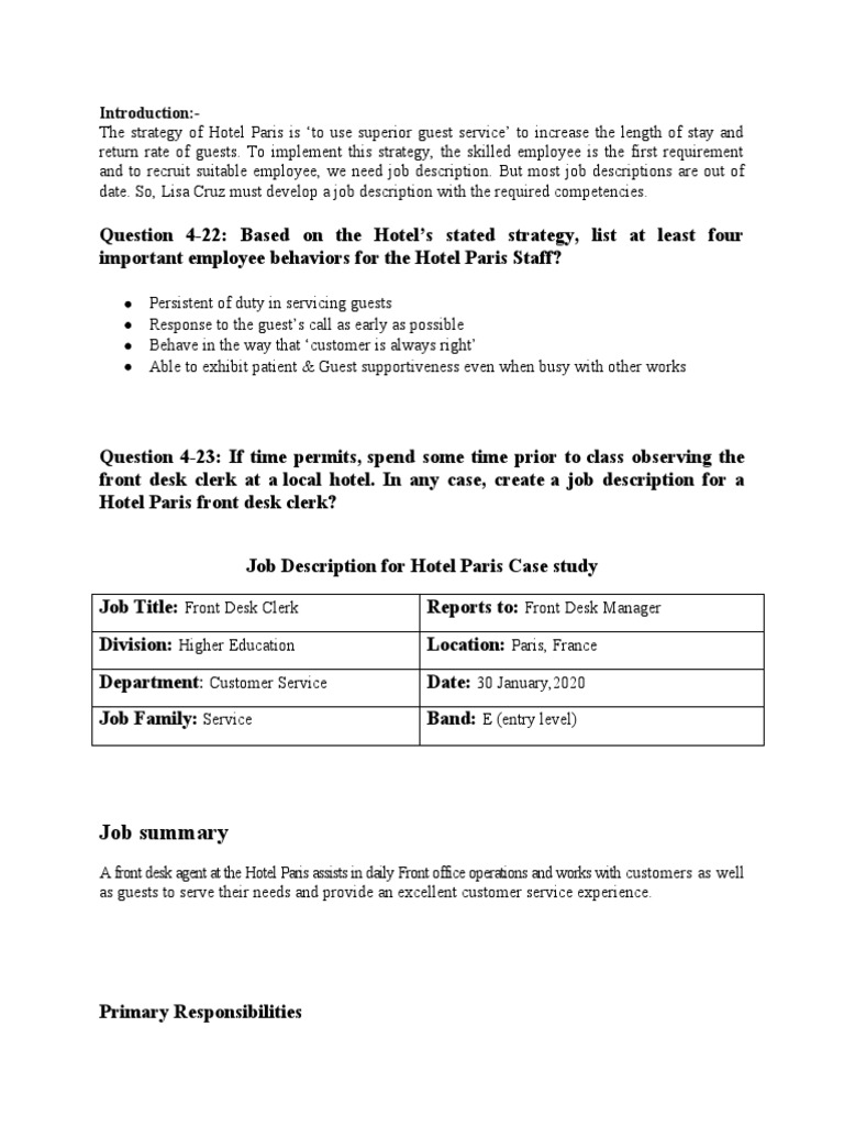Job Description For Hotel Paris Case Study | PDF | Competence (Human  Resources) | Hotel