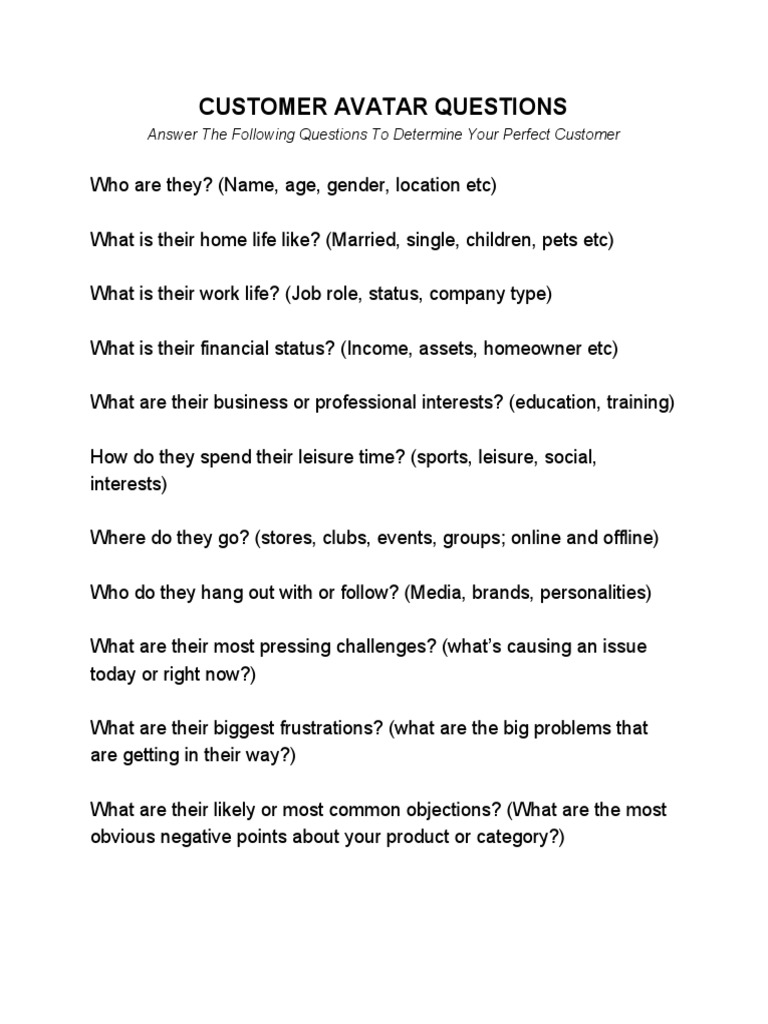 Customer Avatar Questions | PDF