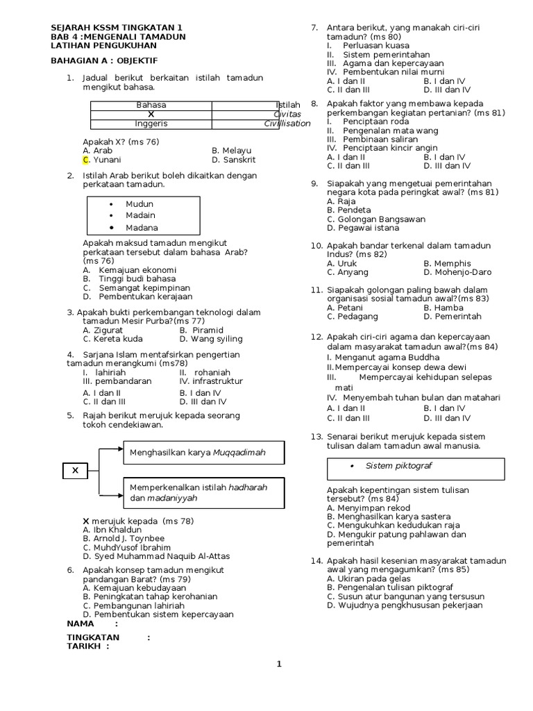 Sejarah Kssm Tingkatan 1 Bab 4 Mengenali Tamadun Latihan Pengukuhan Bahagian A Objektif Pdf