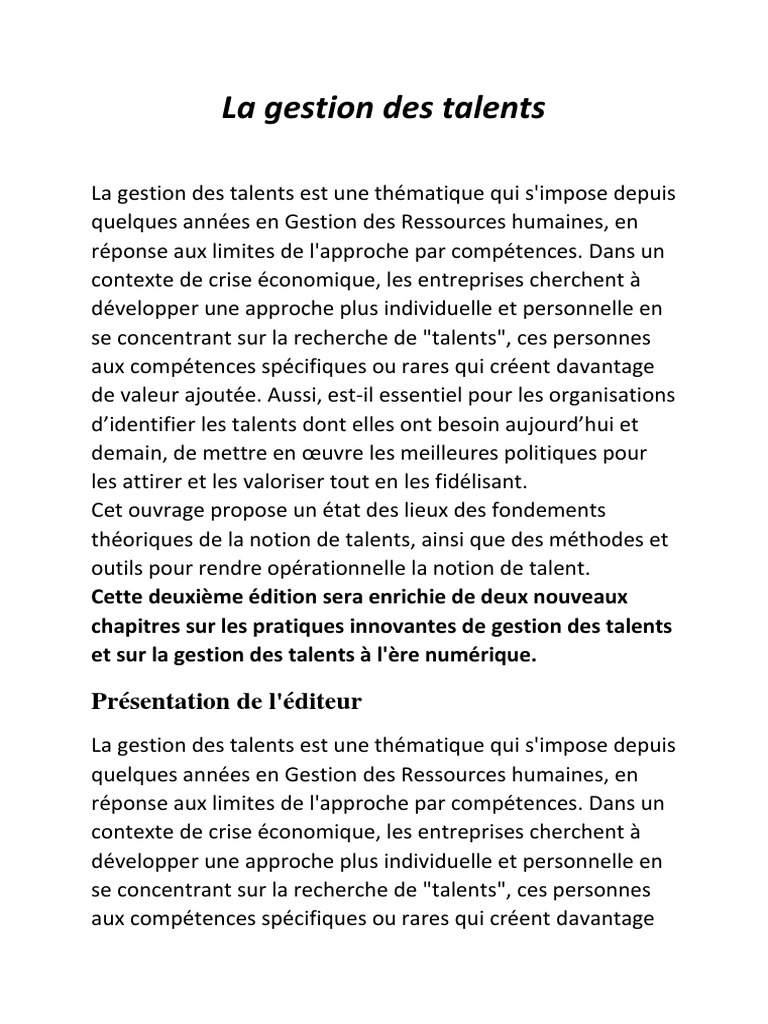 Gestion des talents : enjeux et pratiques | PDF | Gestion des ...