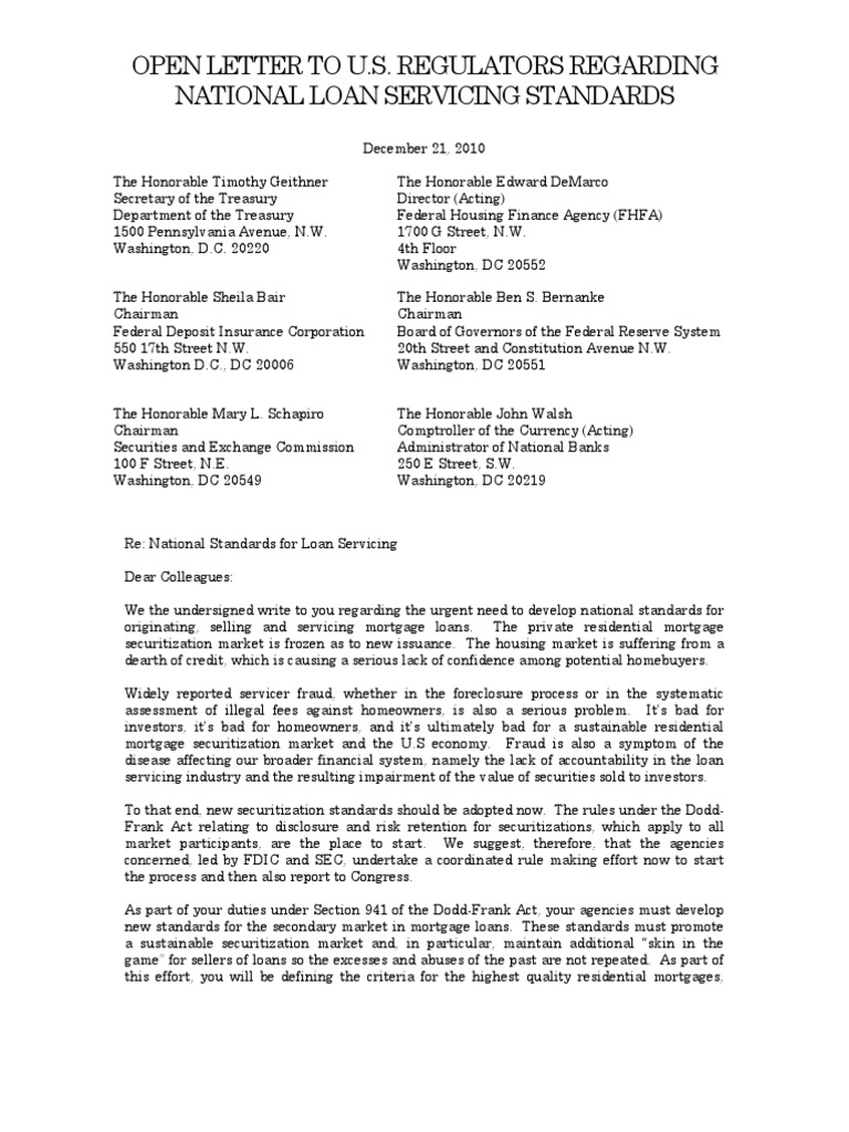 Open Letter To Bank Regulators On Mortgage Securitization and Servicing