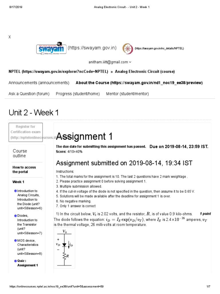 Assignment 1 Unit 2 Week 1 Electrical Network Diode
