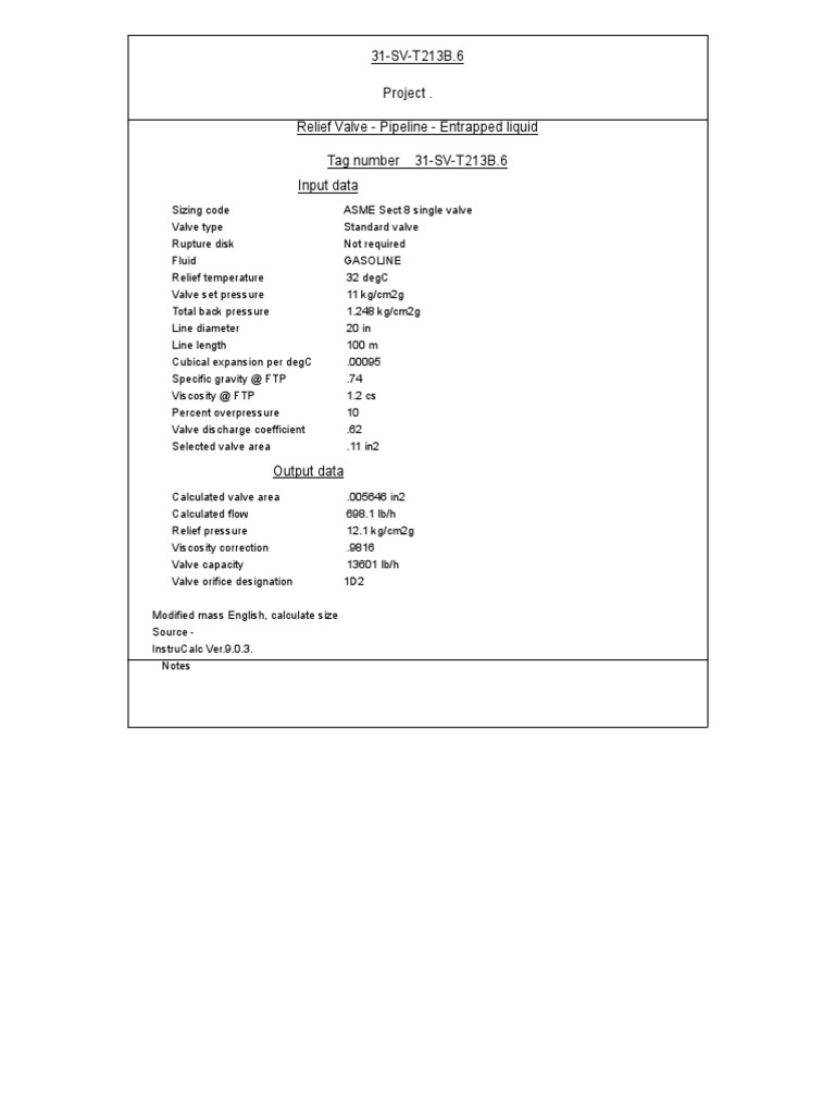 31SVT213B.6 Project Relief Valve Pipeline Entrapped Liquid Tag