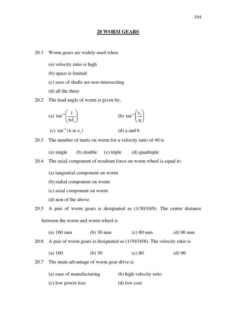 Unit IV Worm and Worm Gears MCQs PDF PDF