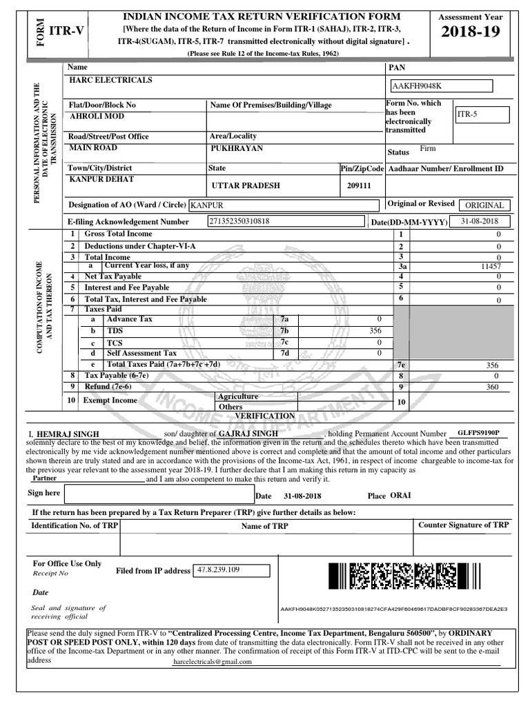 Submit Form ITR-V for 2018-19 Tax | PDF | Income Tax In India | Taxation