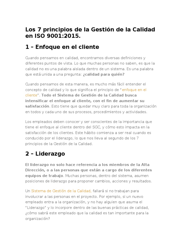 Los 7 Principios De La Gestión De La Calidad En Iso 9001 Pdf