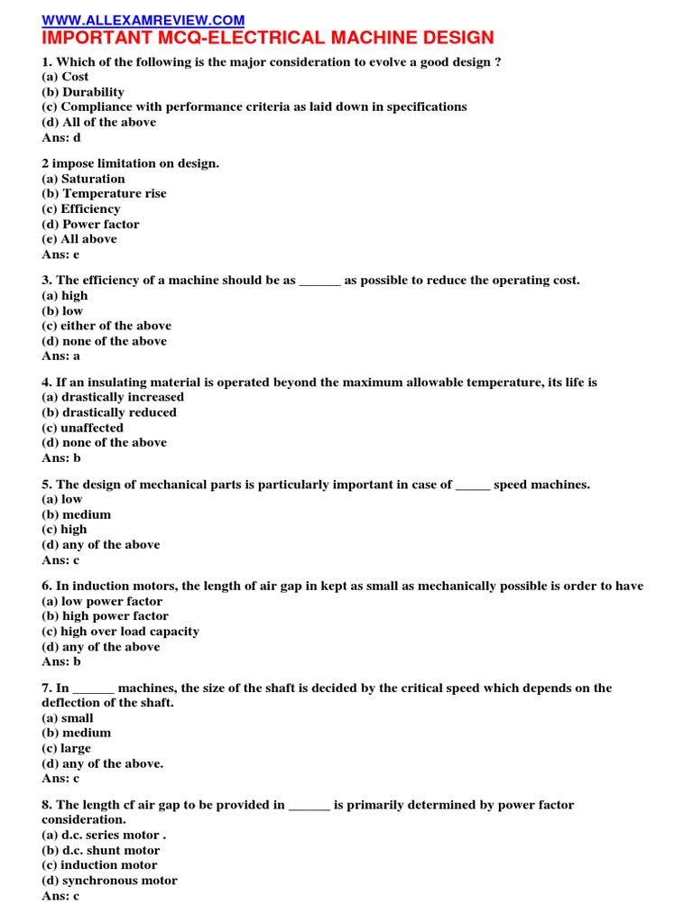 Electrical Machine Design Mcqs Pdf Transformer Electric Motor