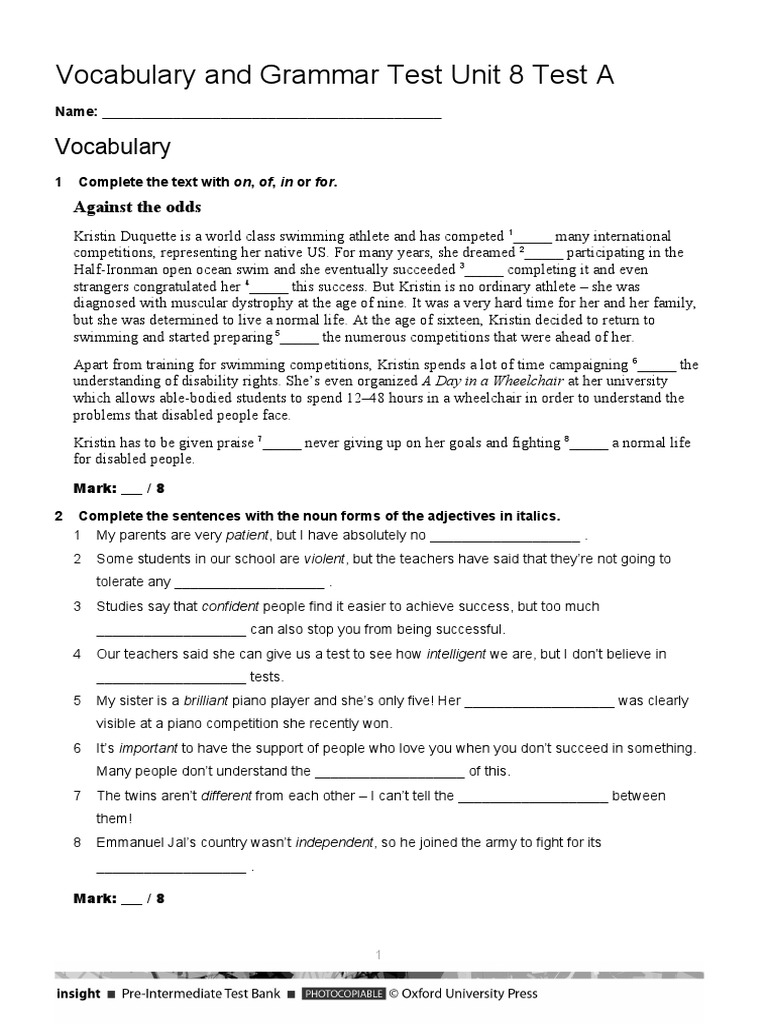 Unit 8 Vocabulary and Grammar Test A | PDF | Test (Assessment) | Grammar