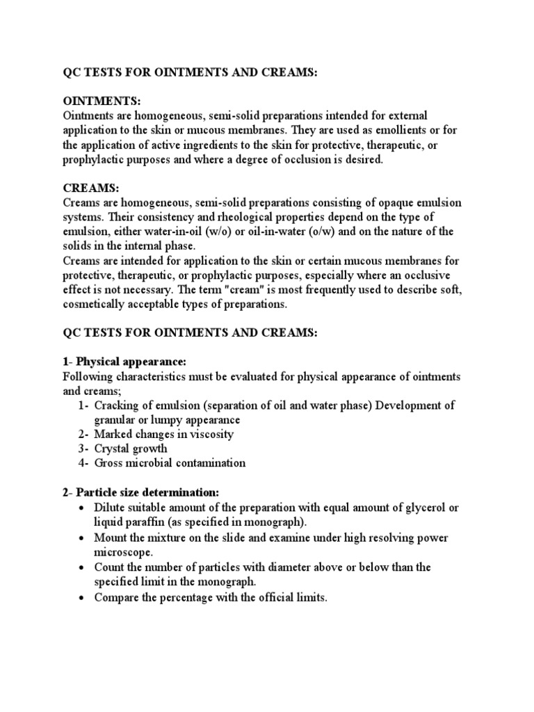 QC Tests For Ointments and Creams PDF Topical Medication Emulsion