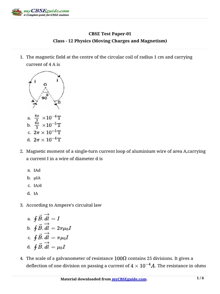 Class 12 Physics: Magnetism Test Paper | PDF | Magnetic Field | Electron