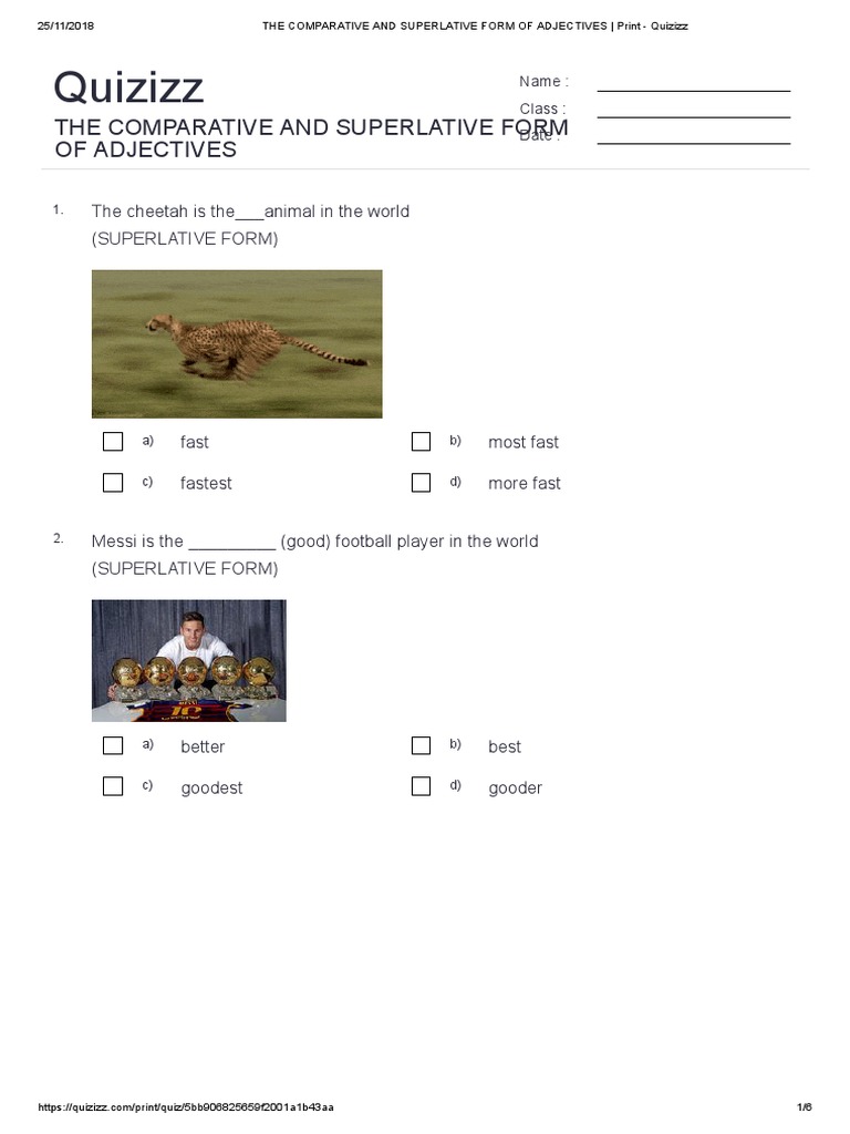THE COMPARATIVE AND SUPERLATIVE FORM OF ADJECTIVES - Print - Quizizz ...