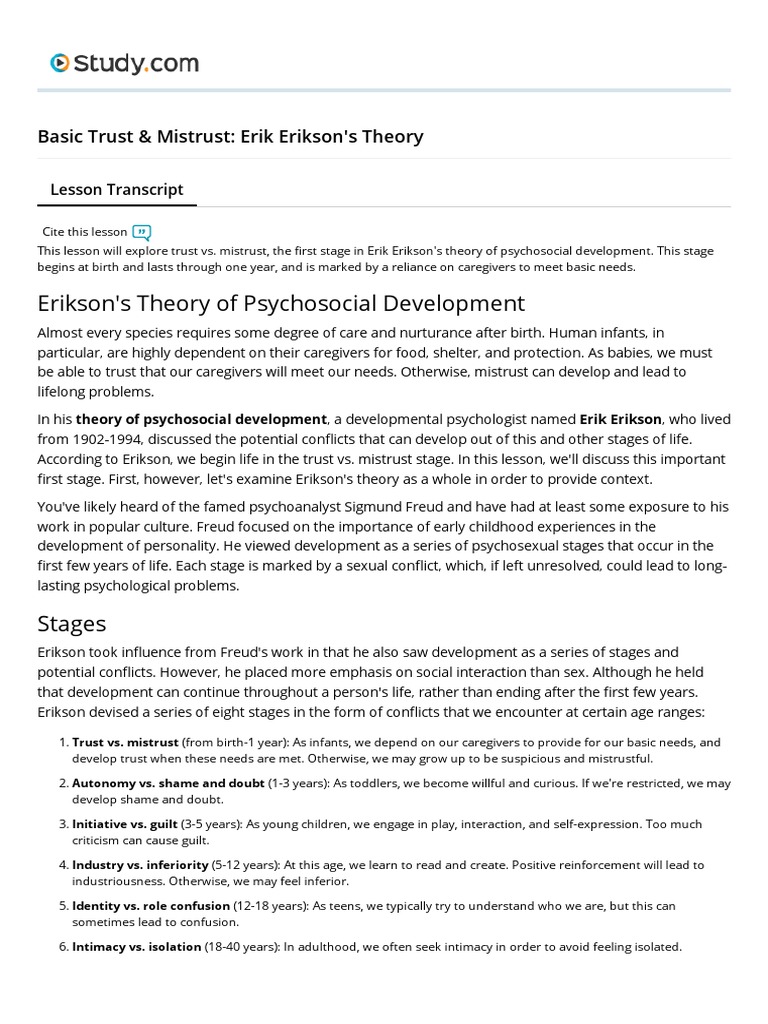 Basic Trust & Mistrust Erik Erikson's Theory Video & Lesson