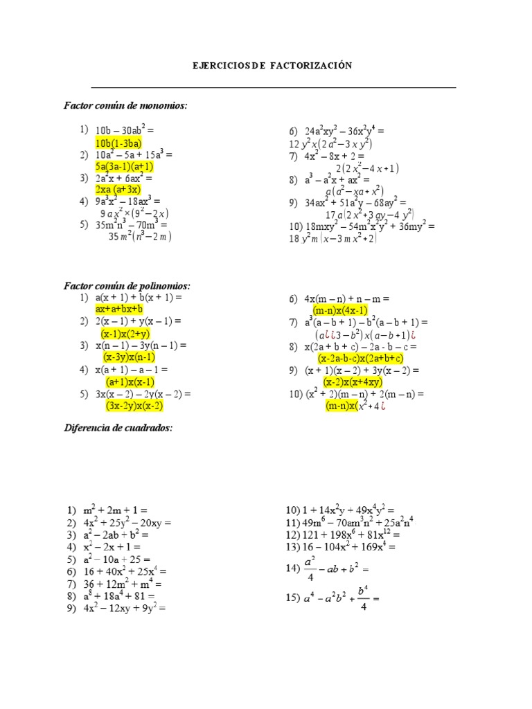 Ejercicios De Factorizacion Pdf