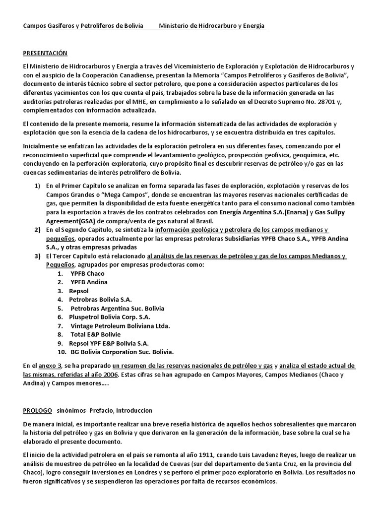 Campos de Hidrocarburos en Bolivia | PDF | Petróleo | Bolivia