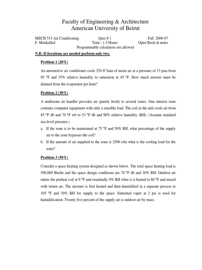 Analysis of Air Conditioning Systems Quiz Covering Psychrometric