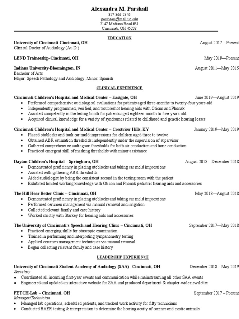 Parshall Resume Updated 2020 PDF Audiology Health Care