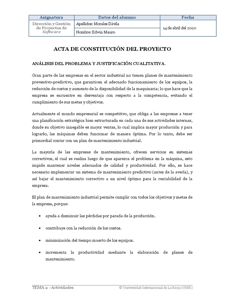 Actividad 1 - Acta de Constitucion Del Proyecto | PDF | Ingeniería de ...