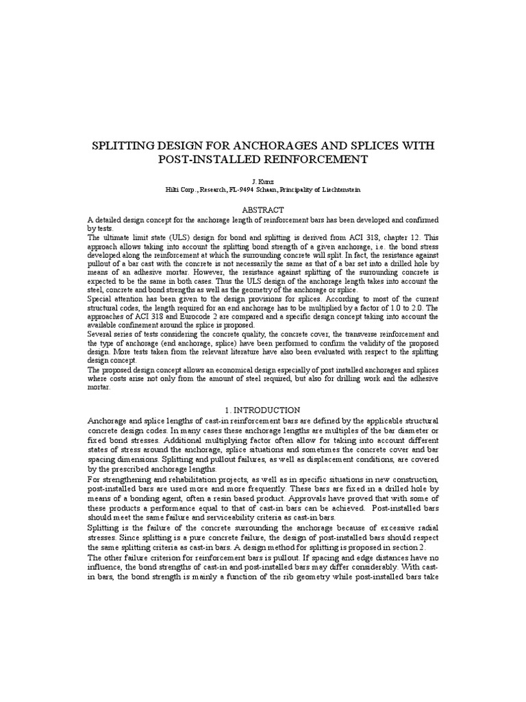 Splitting Design For Anchorages and Splices With Post-Installed ...