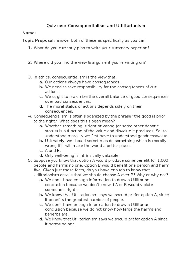 Consequentialism and Utilitarianism Quiz | PDF | Utilitarianism | Ignorance