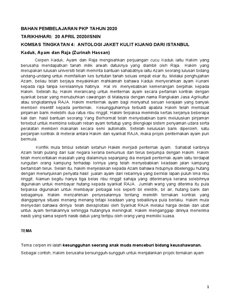 Nota Cerpen Kaduk Ayam Dan Raja Pdf