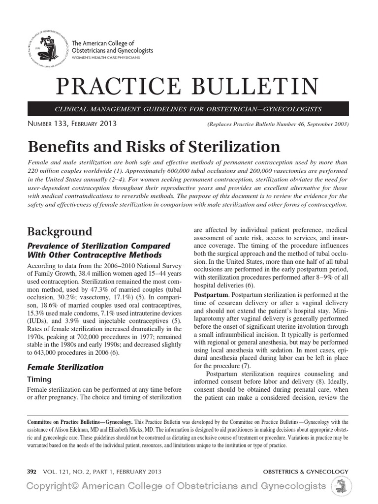 Benefits and Risks of Sterilization PDF PDF Birth Control Health Care