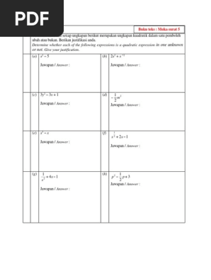 Latihan Bab 1 Fungsi Dan Persamaan Kuadratik Pdf Pdf