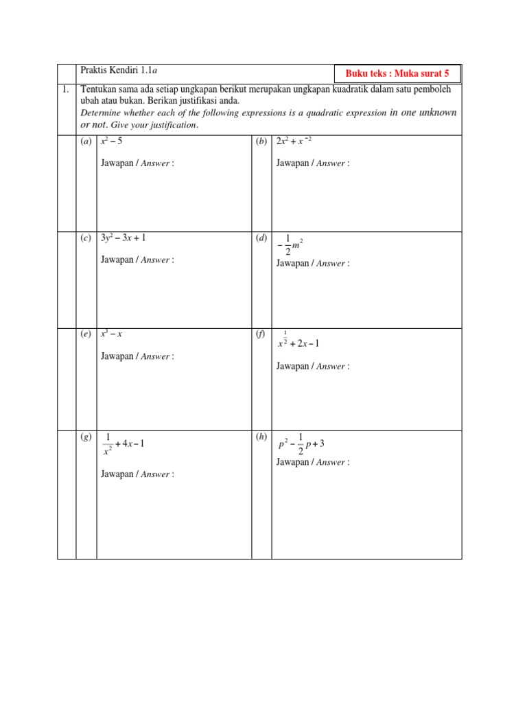 Latihan Bab 1 Fungsi Dan Persamaan Kuadratik Pdf Pdf