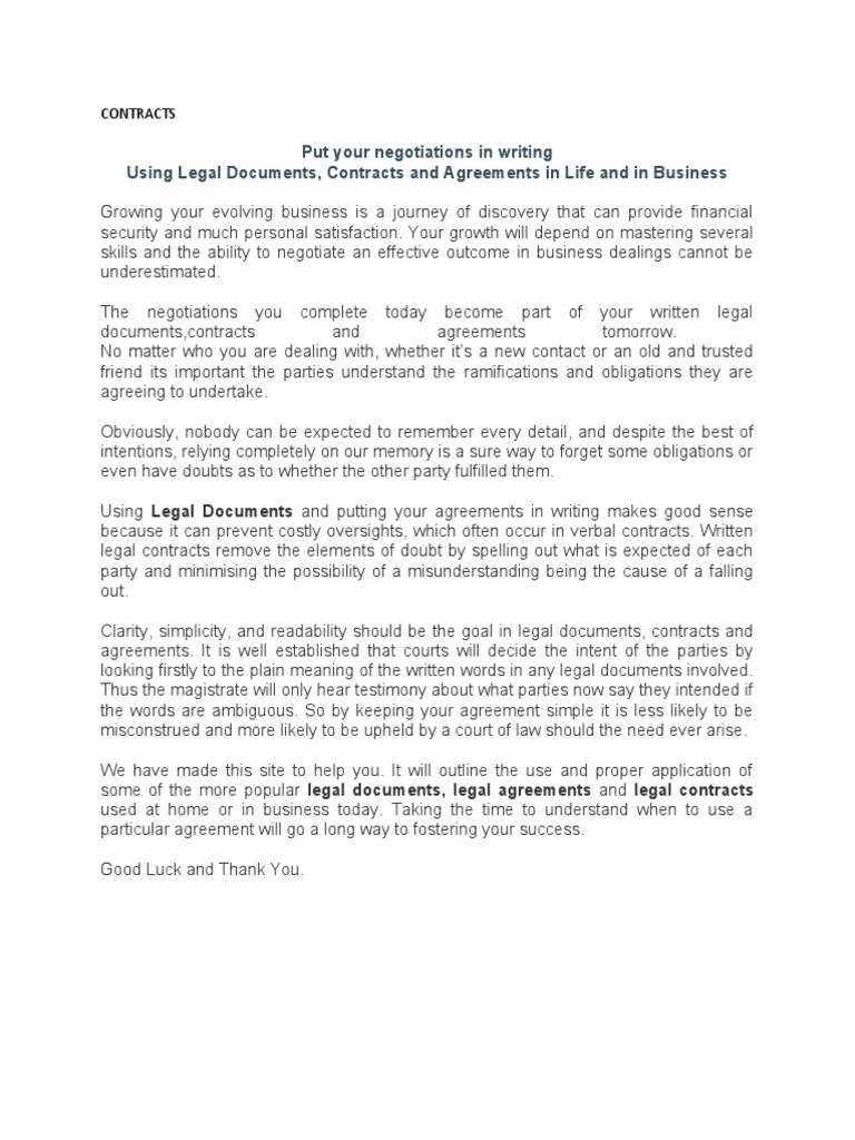 Put Your Negotiations in Writing Using Legal Documents, Contracts and ...