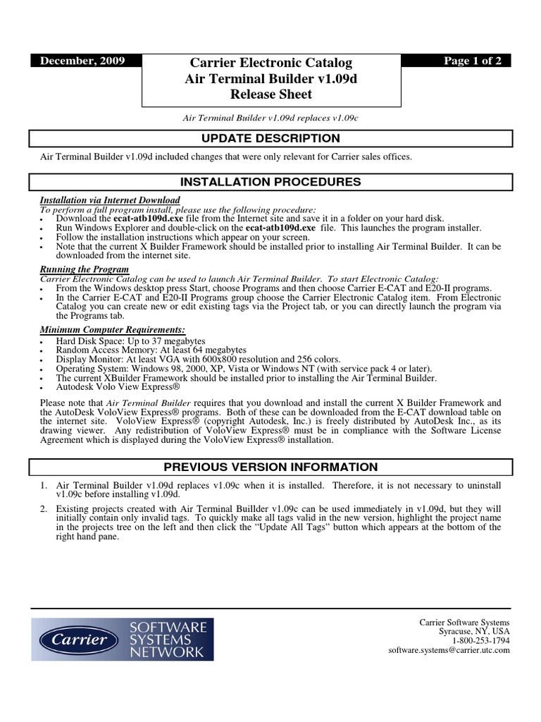 Carrier Electronic Catalog Air Terminal Builder v1.09d Release Sheet