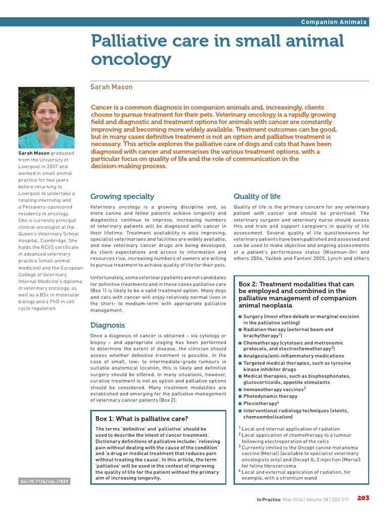 MASON, S. Palliative Care in Small Animal Oncology. in Practice, 38 (5