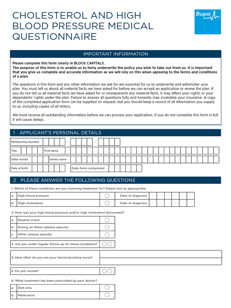 Cholesterol and High Blood Pressure Medical Questionnaire: Important ...