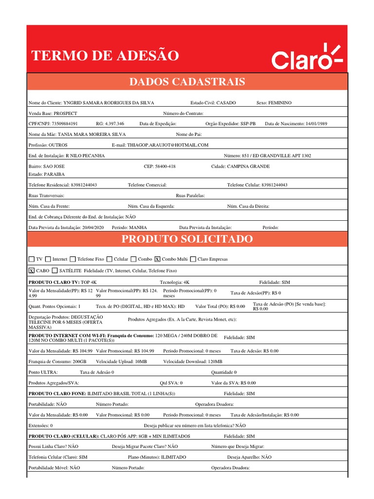 Termo de Adesão Claro: Informações e Dados | PDF | Celulares ...