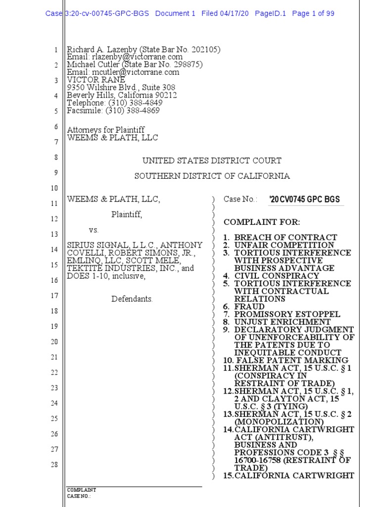 Weems & Plath v. Sirius Complaint PDF Conspiracy (Criminal) Tortious Interference