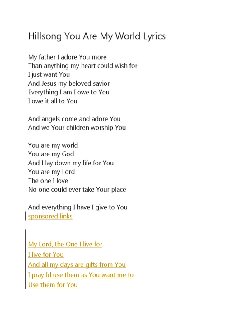 Hillsong You Are My World Lyrics PDF Song Structure Systematic